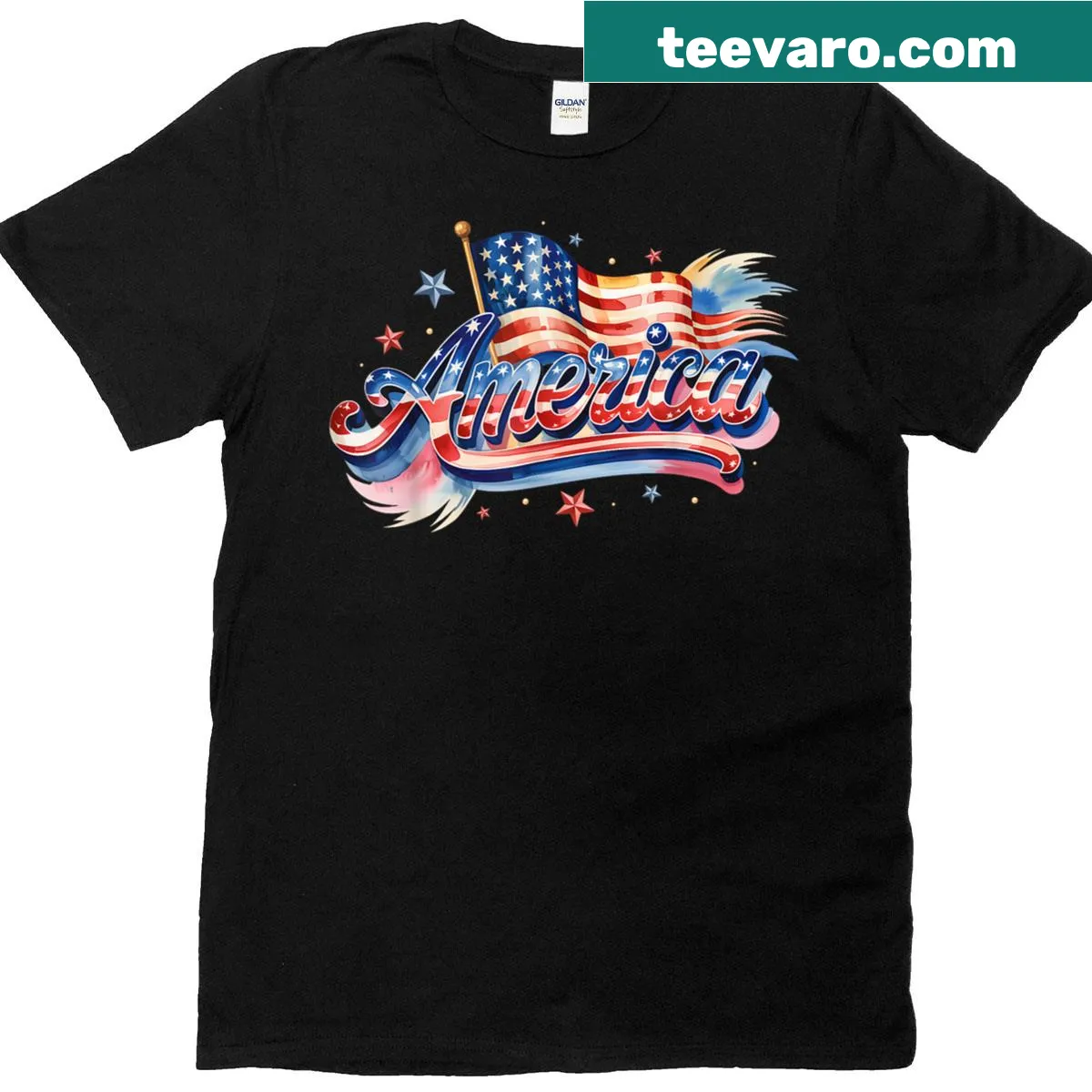 Independence Day T-shirt featuring fireworks and American flag. — on a men's t-shirt