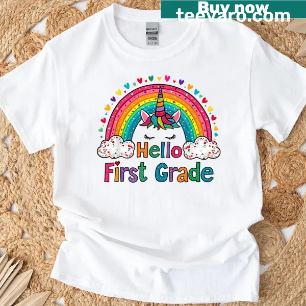 Cute unicorn and rainbow graphic on a T-shirt