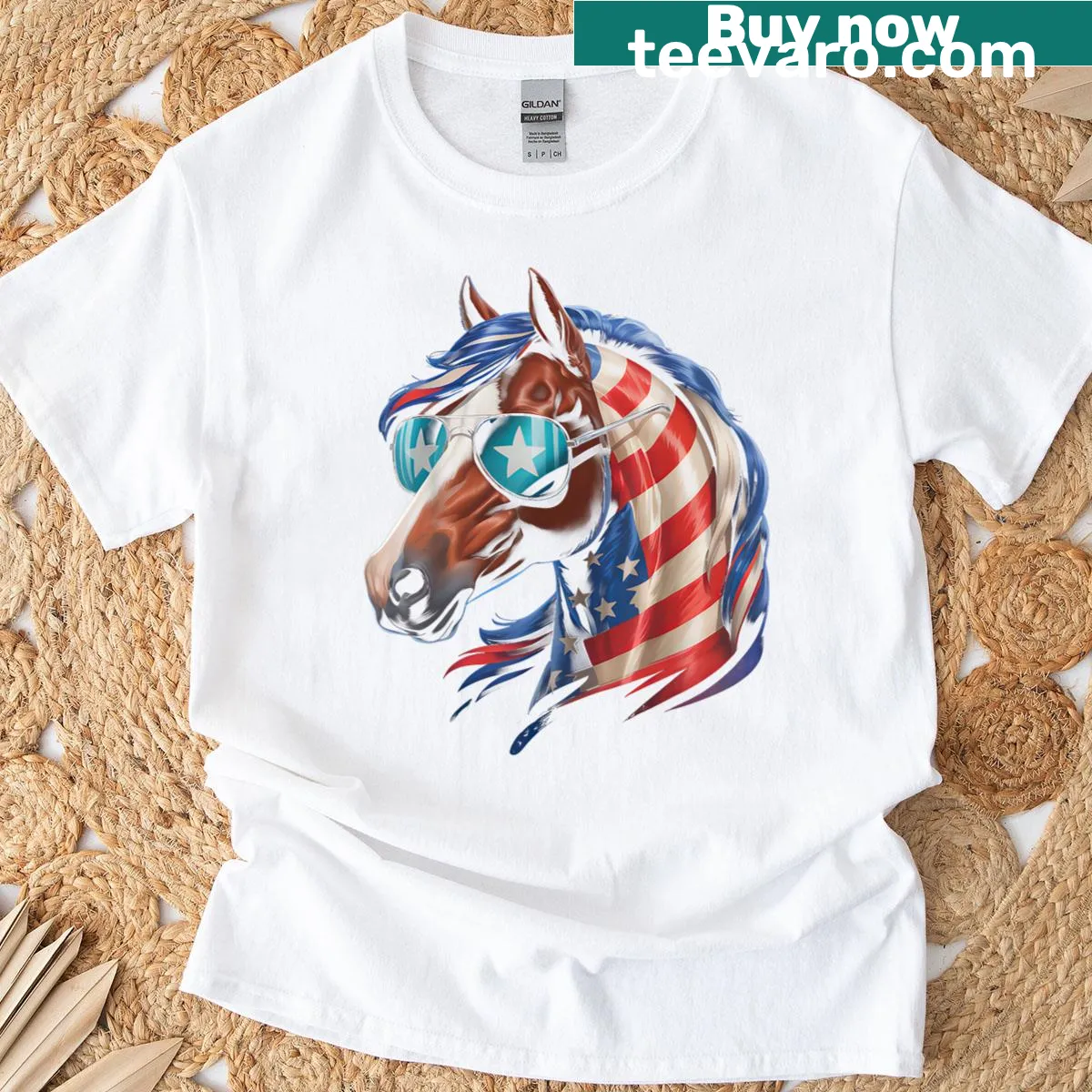 Horse design with the American flag for Fourth of July on a t-shirt — on a men's t-shirt