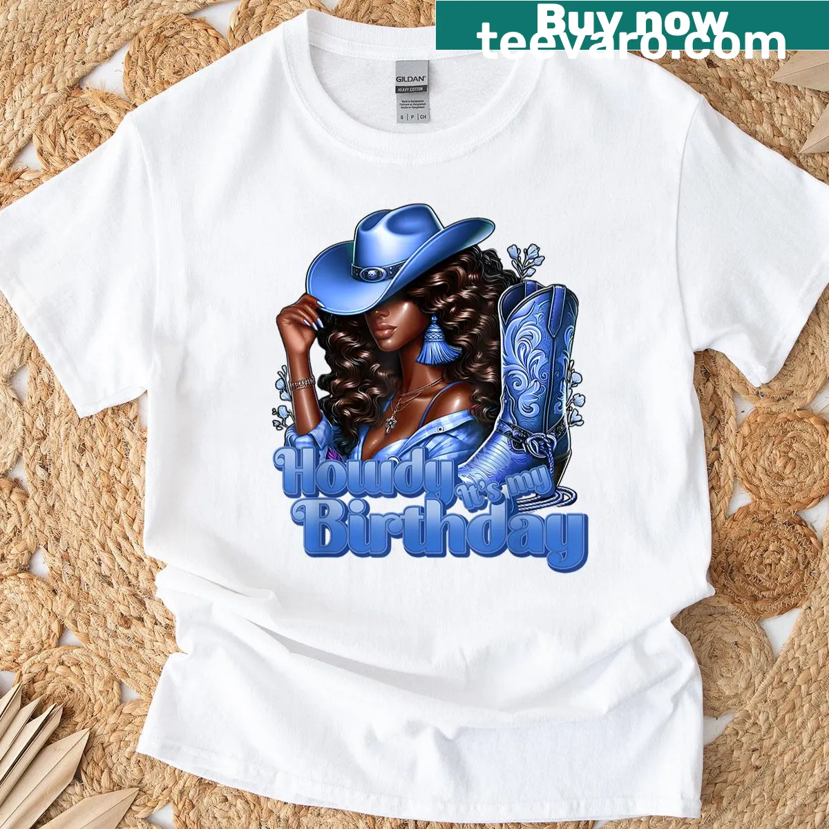 Western cowgirl birthday graphic with hat and boots — on a men's t-shirt