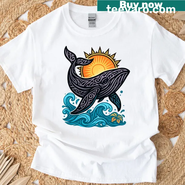 Tribal art of a humpback whale with sun and waves on a t-shirt