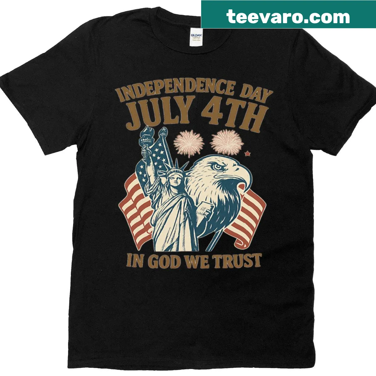 Patriotic July 4th T-shirt with eagle and 'In God We Trust' text — on a men's t-shirt