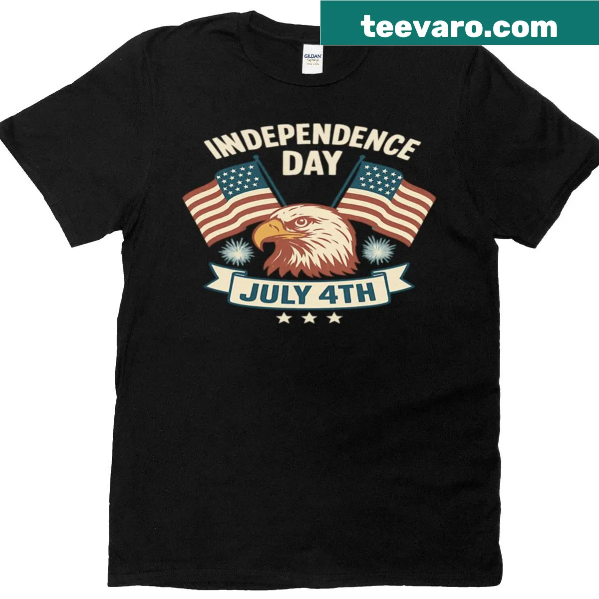 Bald eagle with American flags and fireworks design — on a men's t-shirt