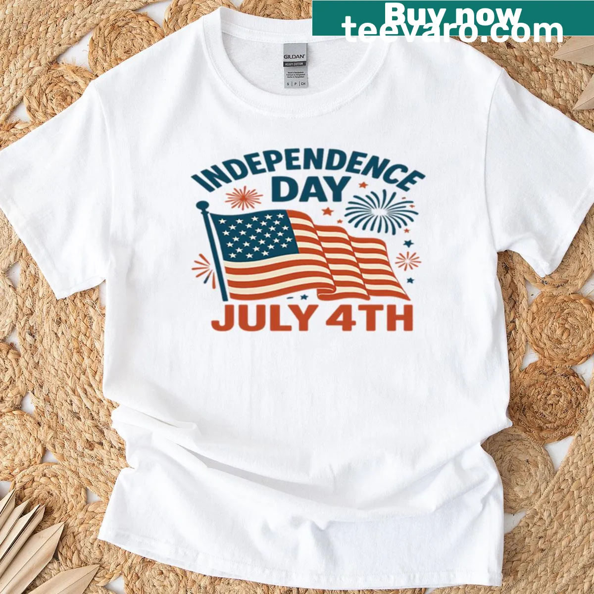 American flag waving with fireworks graphic on T-shirt — on a men's t-shirt