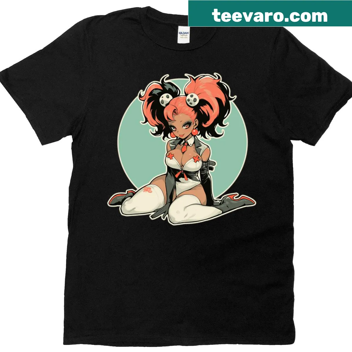 Kawaii cartoon girl T-shirt with cyberpunk and K-pop elements — on a men's t-shirt