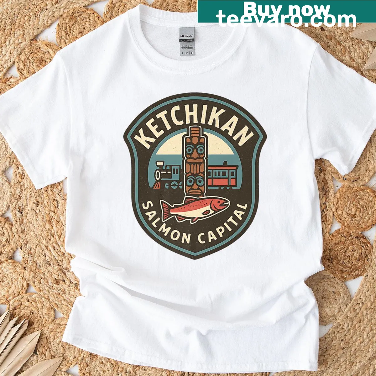 Graphic T-shirt featuring a fishing totem celebrating Ketchikan, Alaska. — on a men's t-shirt