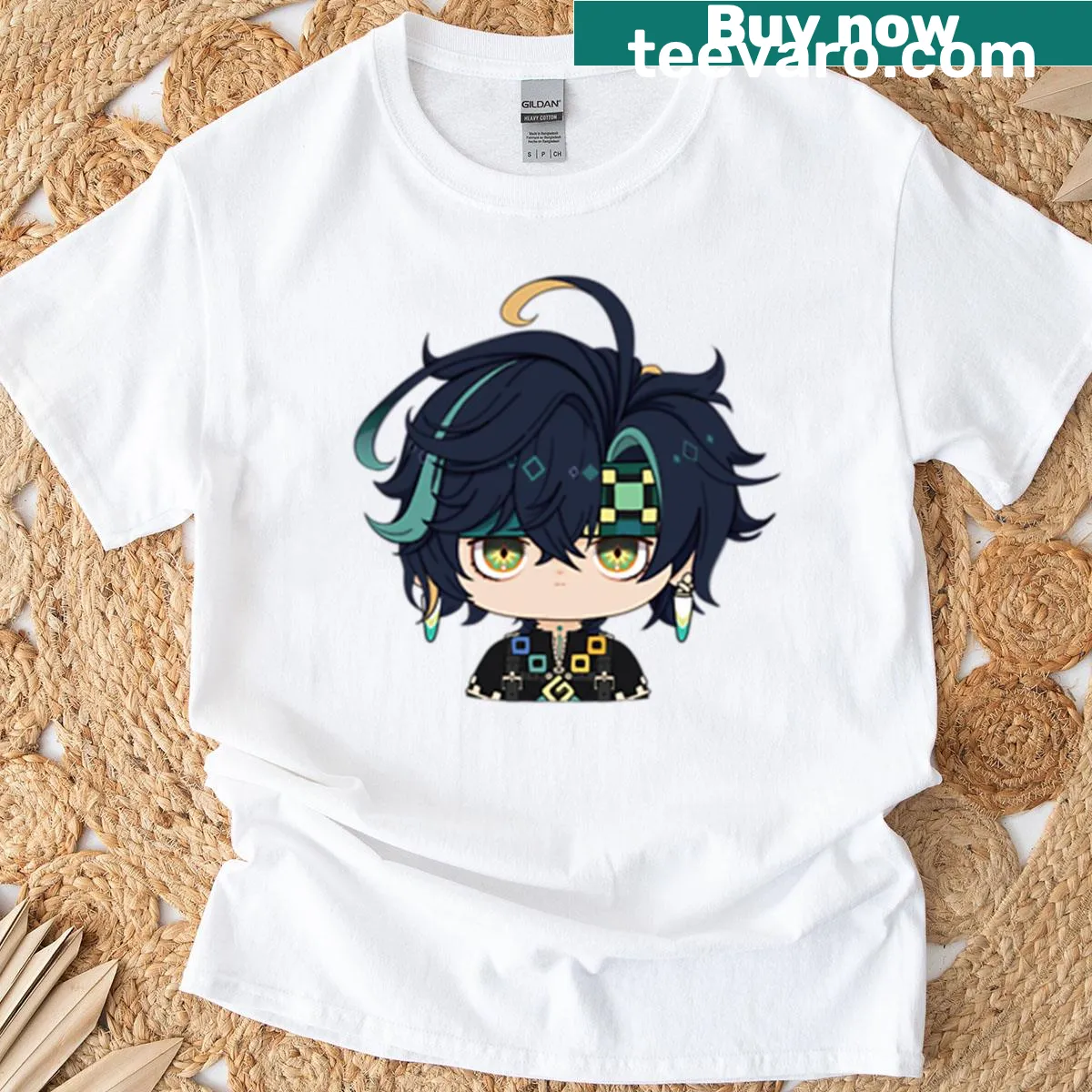 Chibi-style graphic of Kinich on a t-shirt — on a men's t-shirt