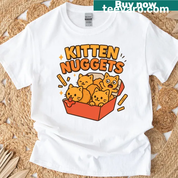 Cartoon T-shirt featuring chaotic kittens, humorously dubbed 'Kitten Nuggets.'