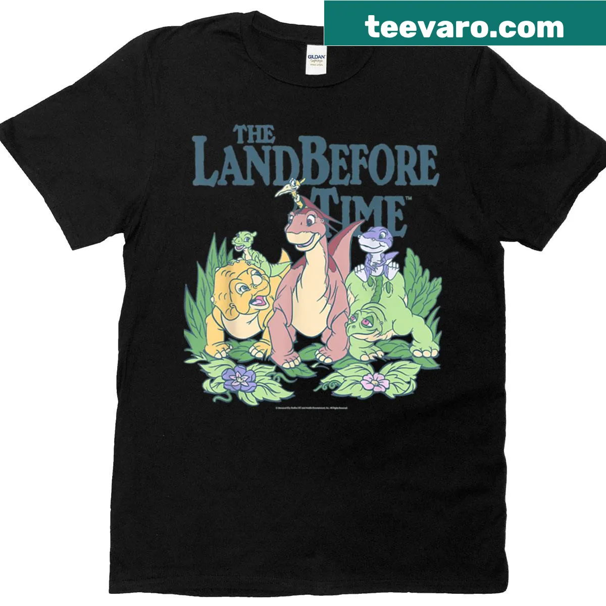 Land Before Time T-shirt featuring friendly dinosaurs — on a men's t-shirt