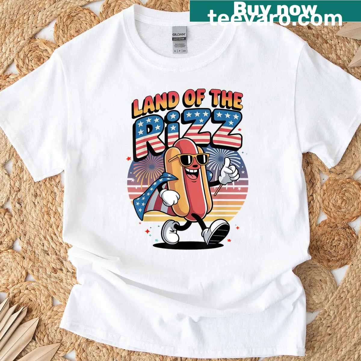 Funny hotdog themed 4th of July t-shirt with American flag design — on a men's t-shirt