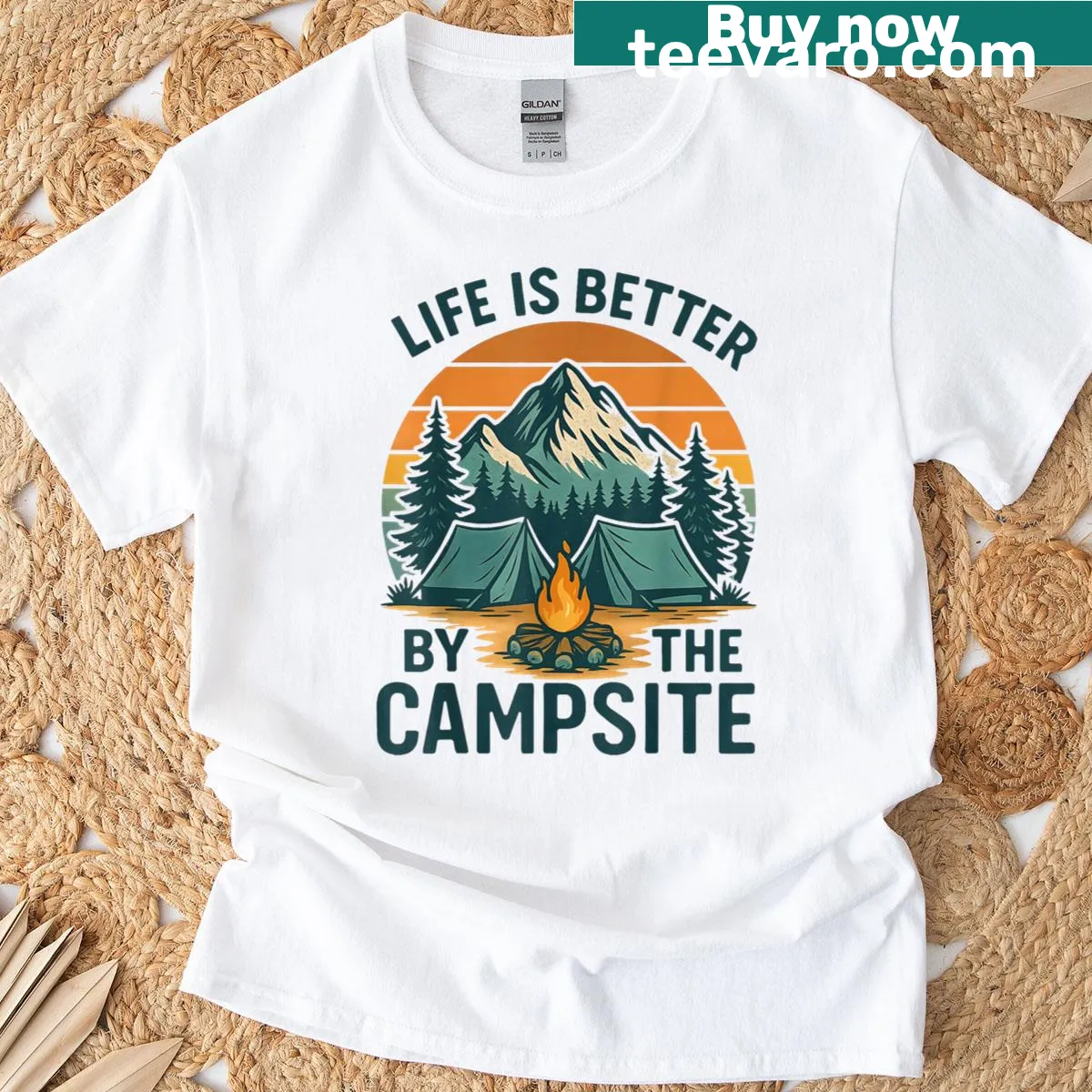Whimsical camping-themed t-shirt with 'Life Is Better' text — on a men's t-shirt