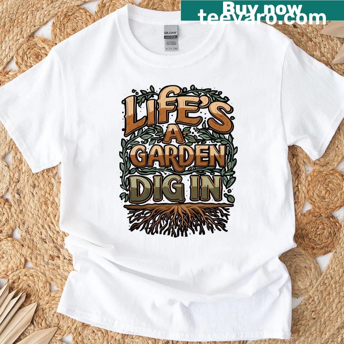 Gardening-themed T-shirt with 'Life’s A Garden Dig In' text and roots design — on a men's t-shirt