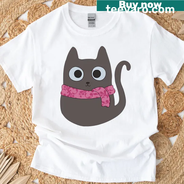 Cute kitty graphic wearing a pink scarf on a t-shirt