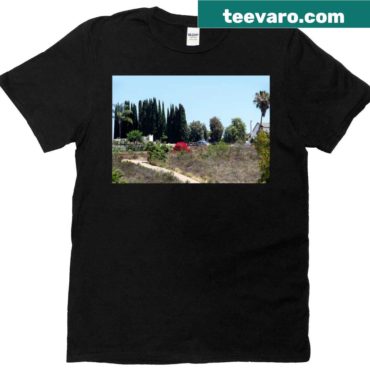 T-shirt featuring an illustrated graphic of Lake Murray, San Diego. — on a men's t-shirt