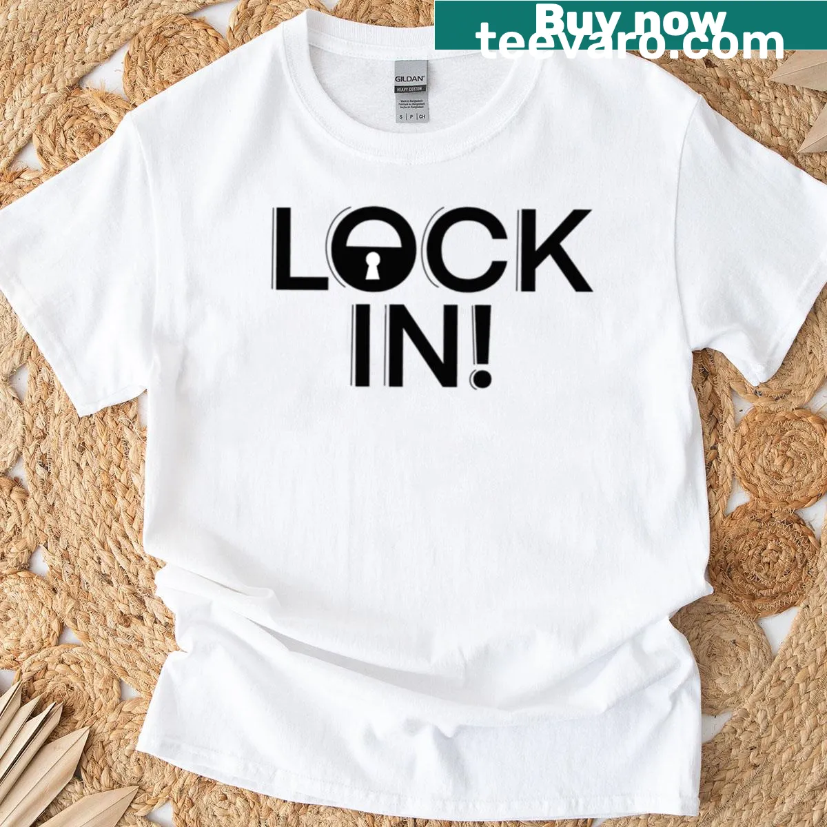 Typographic Lock In message on a motivational T-shirt — on a men's t-shirt