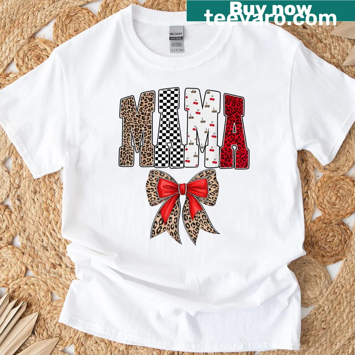 Retro t-shirt for women with 'Mama Coquette' and cherry leopard bow design — on a men's t-shirt