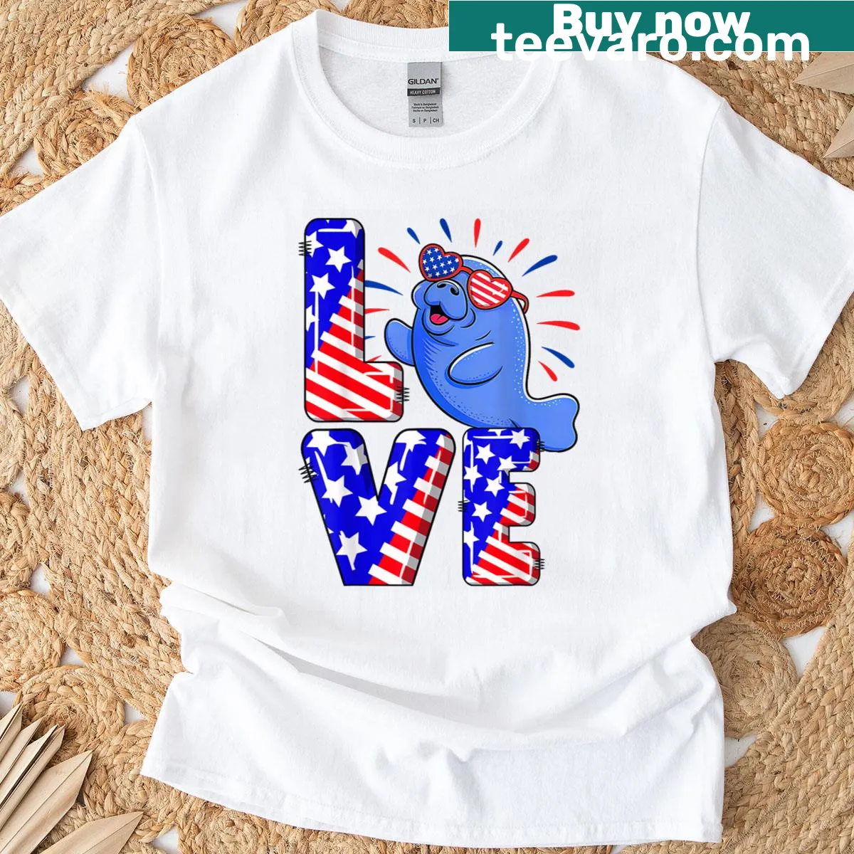 Patriotic Manatee Love T-shirt with fireworks and sunglasses — on a men's t-shirt