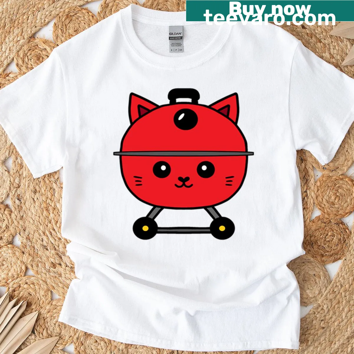 Playful Meowbeque t-shirt with cat graphic — on a men's t-shirt