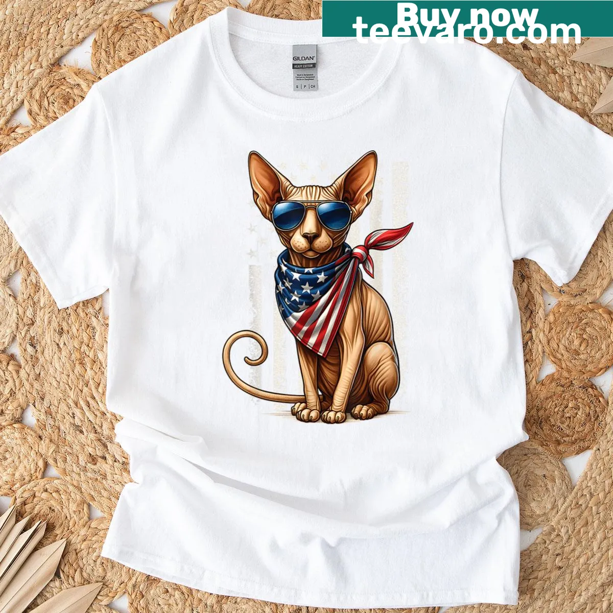 Patriotic t-shirt for Sphynx cat lovers featuring an illustration — on a men's t-shirt