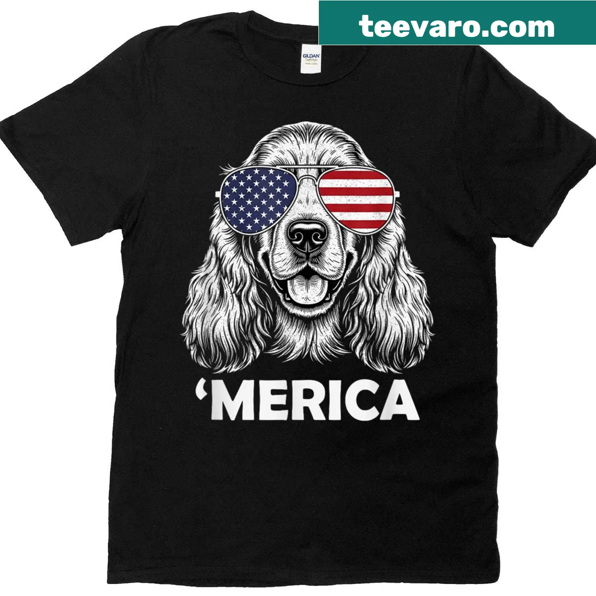 Fourth of July T-shirt featuring a cartoon Cocker Spaniel — on a men's t-shirt