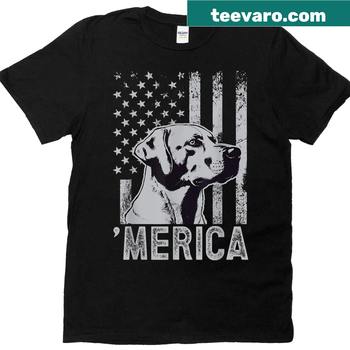 Vintage-style patriotic t-shirt with dog and American flag — on a men's t-shirt