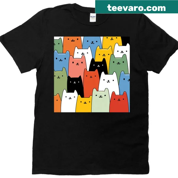 Minimalist T-shirt featuring a colorful cat crowd in cartoon style