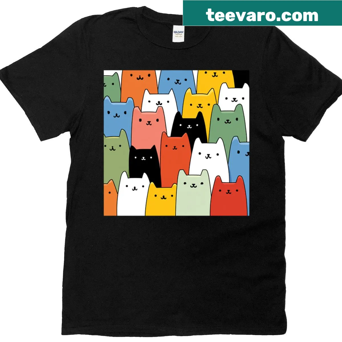 Minimalist T-shirt featuring a colorful cat crowd in cartoon style — on a men's t-shirt