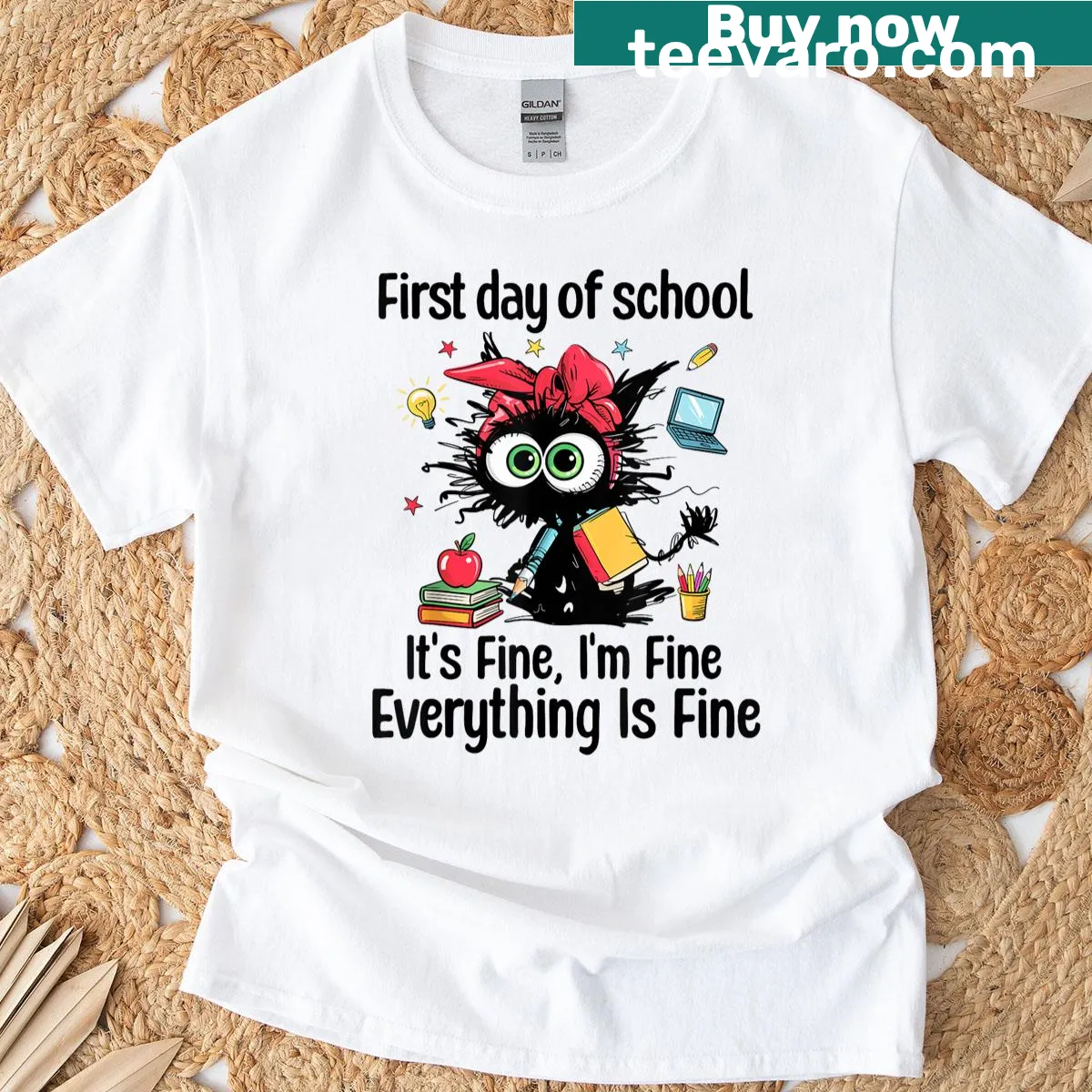 Playful cat with a backpack for back-to-school, cheerful design — on a men's t-shirt