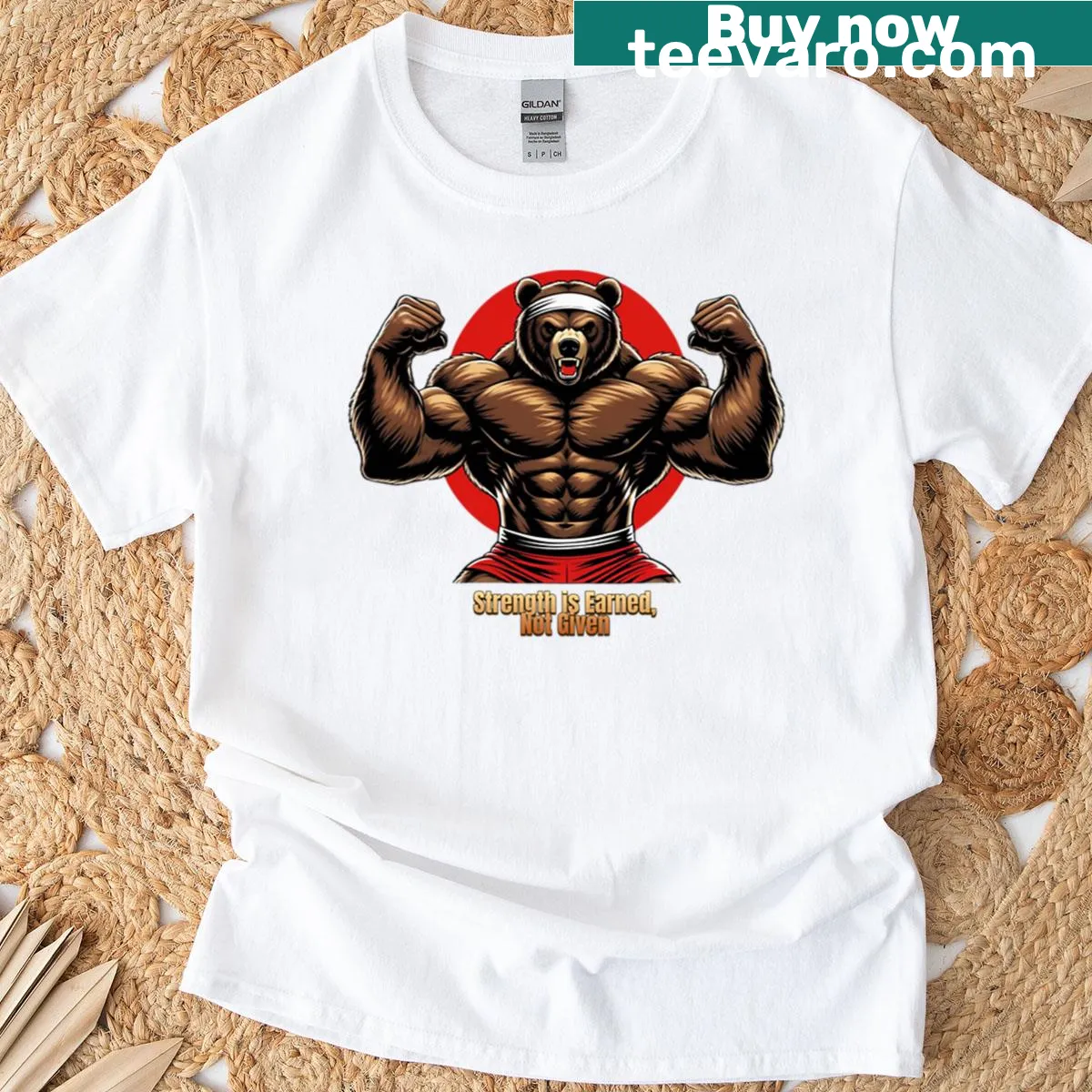 Motivational t-shirt with a muscle bear and inspirational quote — on a men's t-shirt