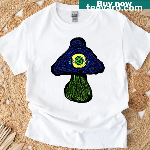 Playful t-shirt featuring a whimsical mushroom with an eyeball design