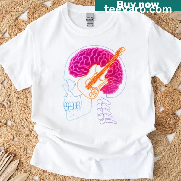 Neon skull graphic with brain and guitar on a striking t-shirt