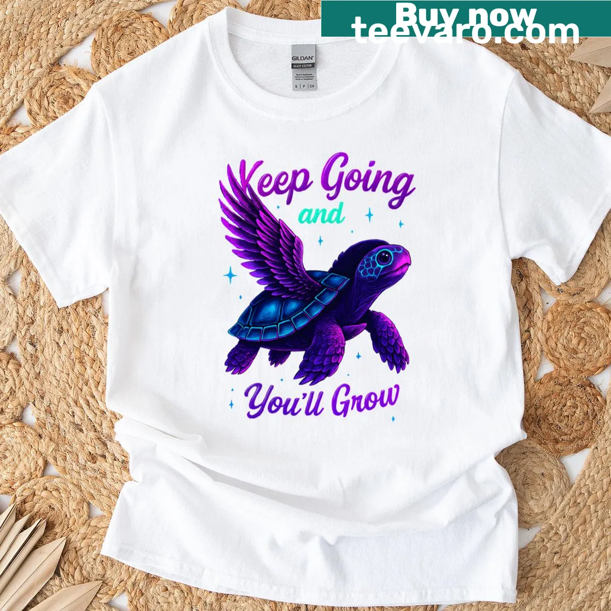 Motivational T-shirt featuring a winged turtle and inspiring text. — on a men's t-shirt