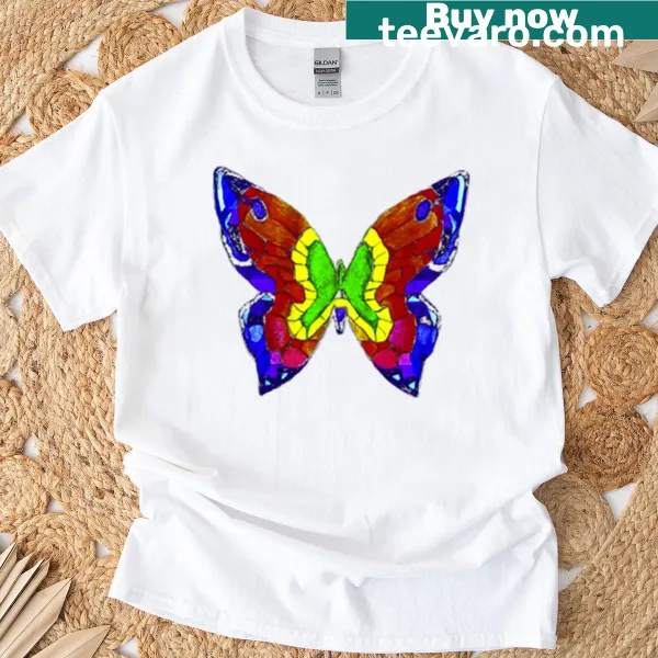 Illustration of a butterfly with the text 'Nick Mason' on a T-shirt.