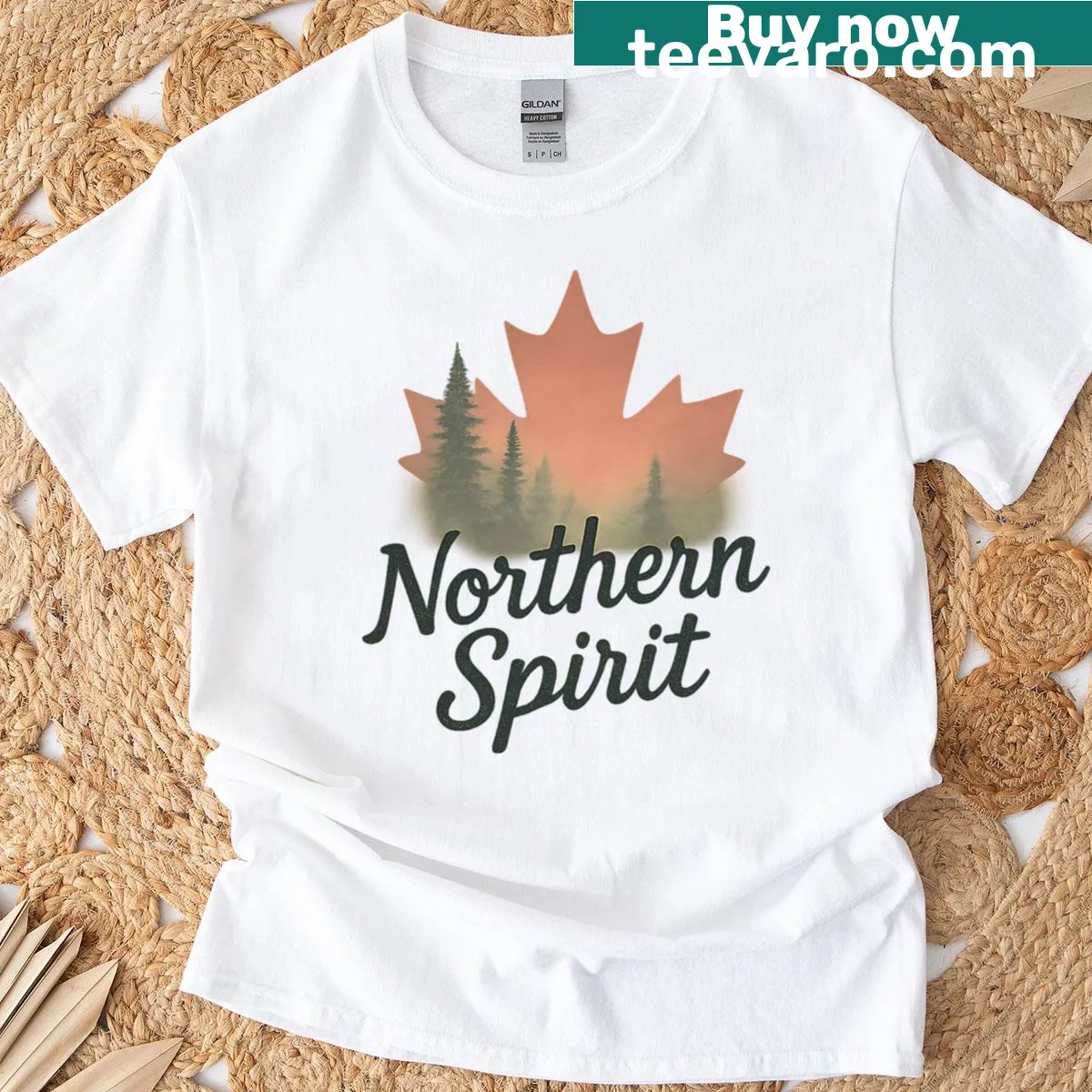 Vintage design featuring a misty forest and maple leaf on a tee — on a men's t-shirt