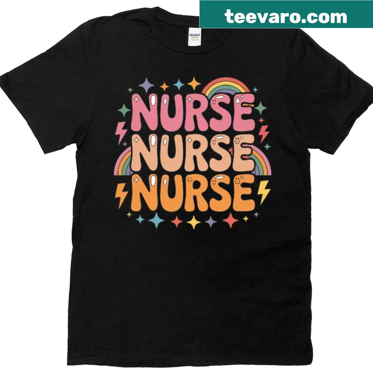 Cute and colorful retro-style nurse t-shirt with flowers and rainbow — on a men's t-shirt
