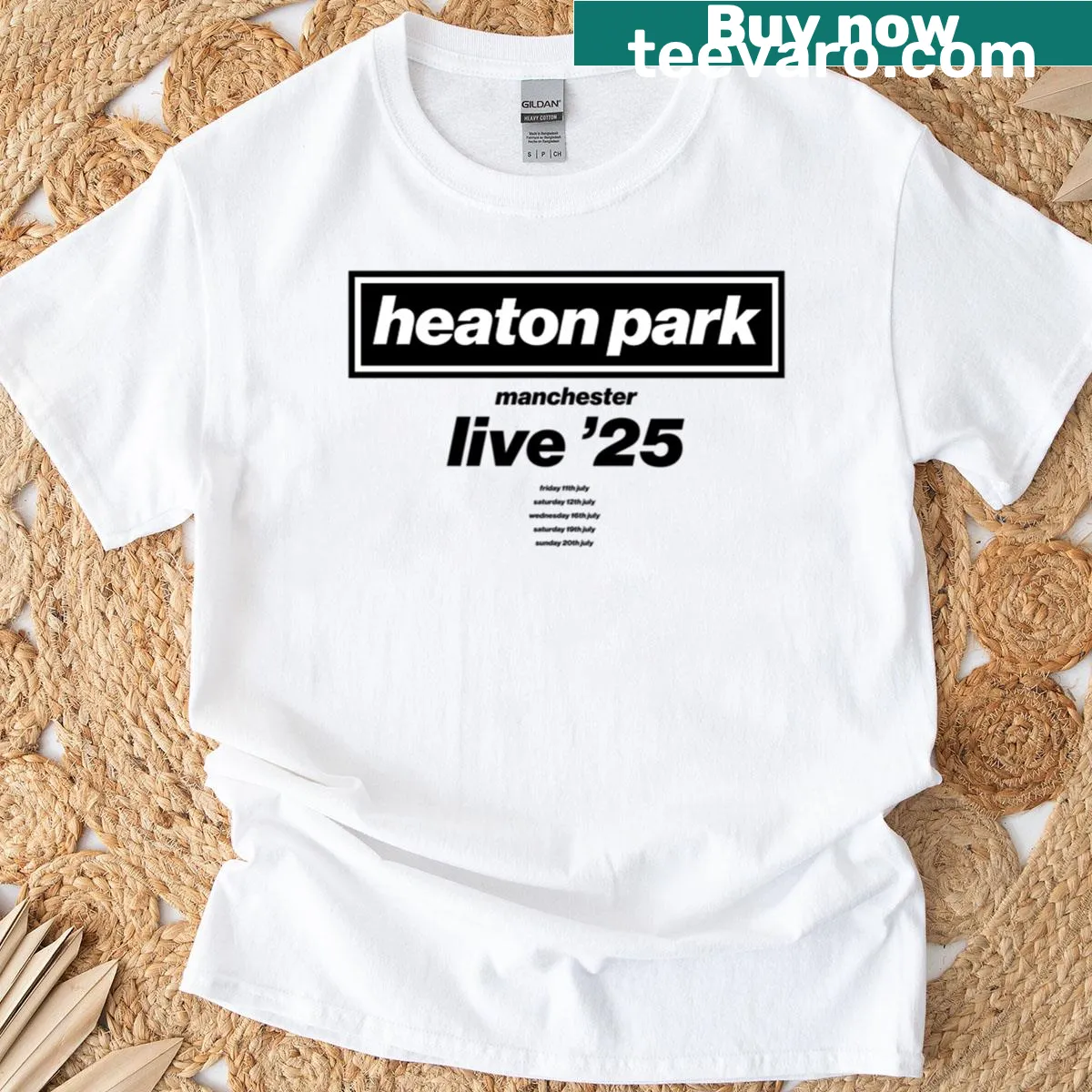 Oasis Live 25 Tour T-shirt featuring Heaton Park illustration. — on a men's t-shirt