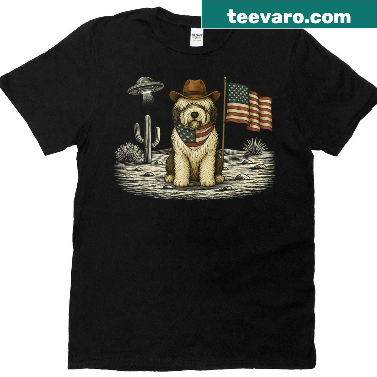 T-shirt featuring an Old English Sheepdog and American flag for Fourth of July — on a men's t-shirt