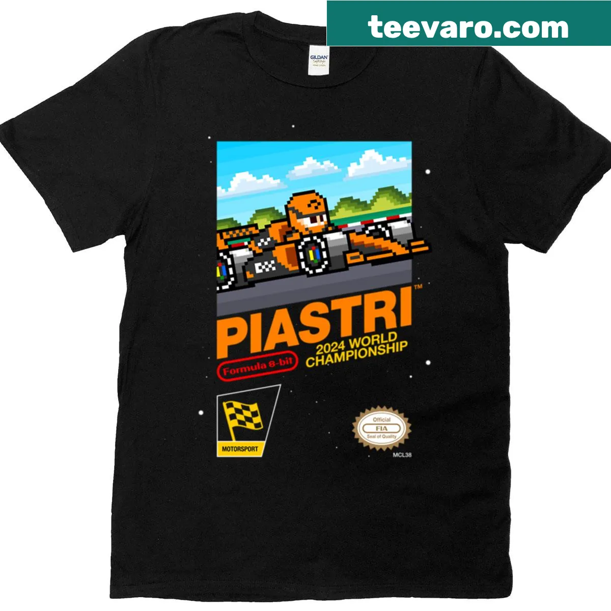 Illustrated Oscari Piastri F1 videogame themed T-shirt — on a men's t-shirt