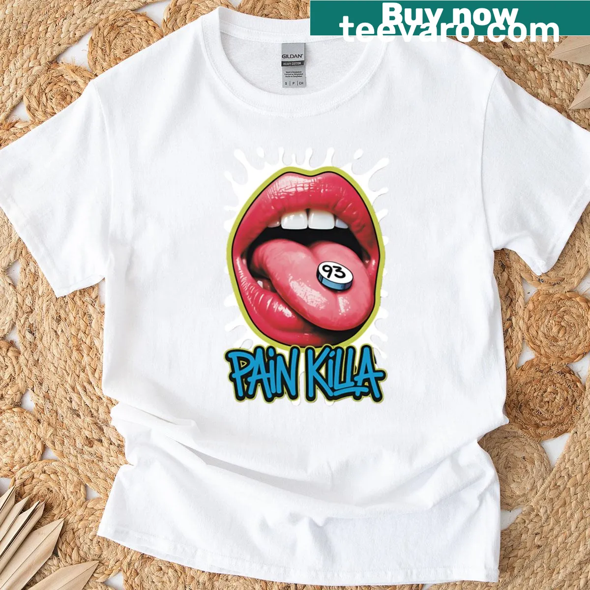 Pop art graphic tee humorously stating 'Pain Killa' about coffee — on a men's t-shirt