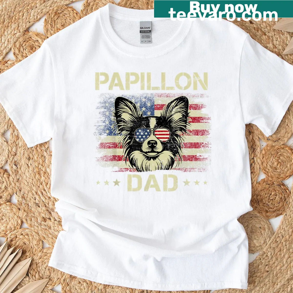 Vintage t-shirt with American flag and Papillon dog design — on a men's t-shirt