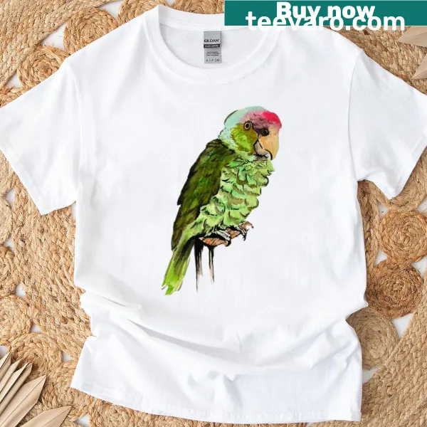 Realistic parrot portrait graphic on a T-shirt