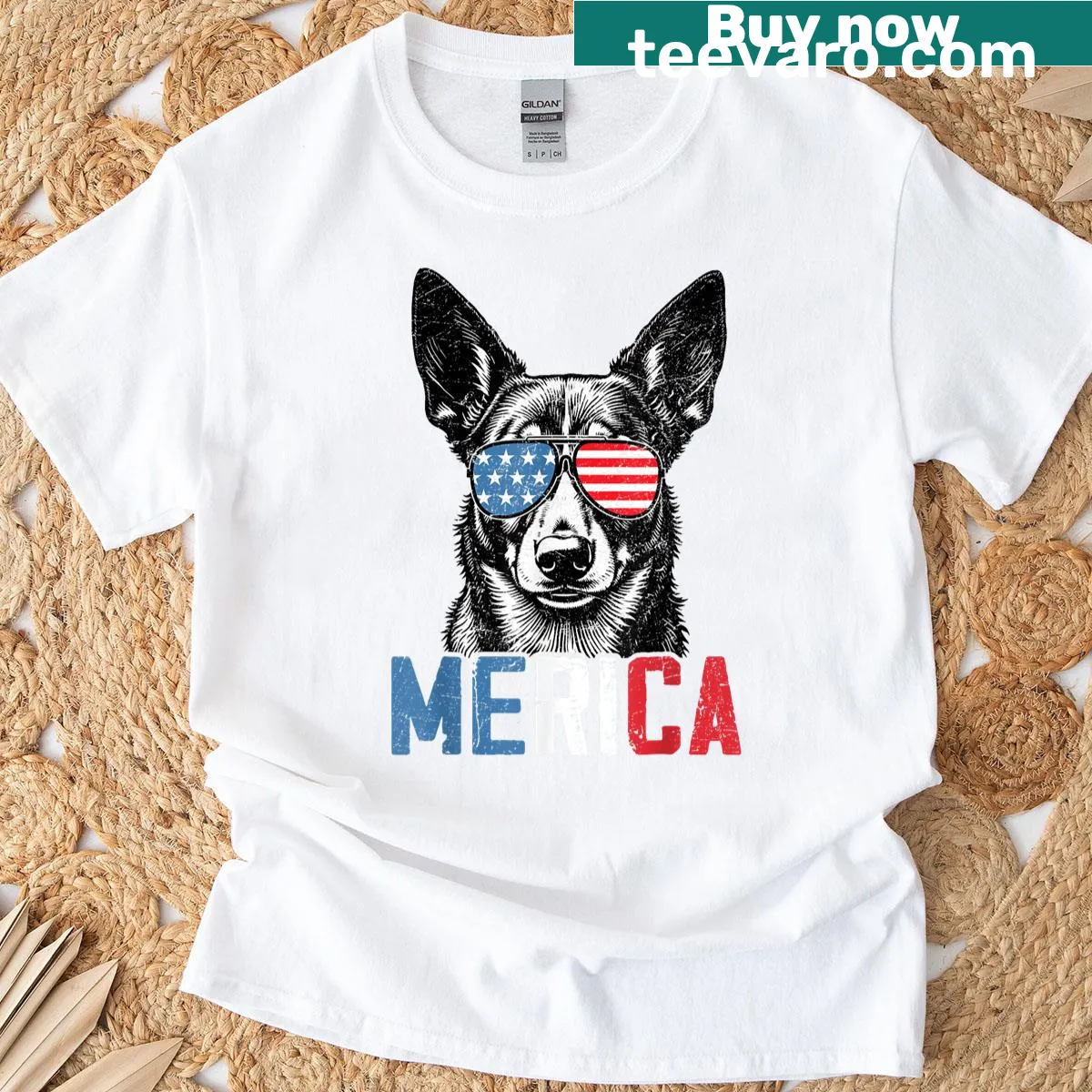 Funny t-shirt featuring an Australian Cattle Dog and patriotic theme — on a men's t-shirt