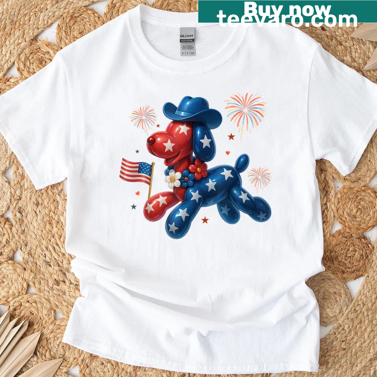 Patriotic balloon dog design with American flag theme — on a men's t-shirt