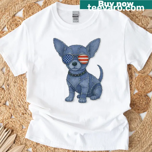 Patriotic T-shirt featuring a Chihuahua in American flag sunglasses
