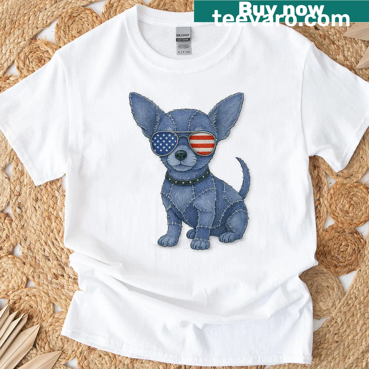 Patriotic T-shirt featuring a Chihuahua in American flag sunglasses — on a men's t-shirt