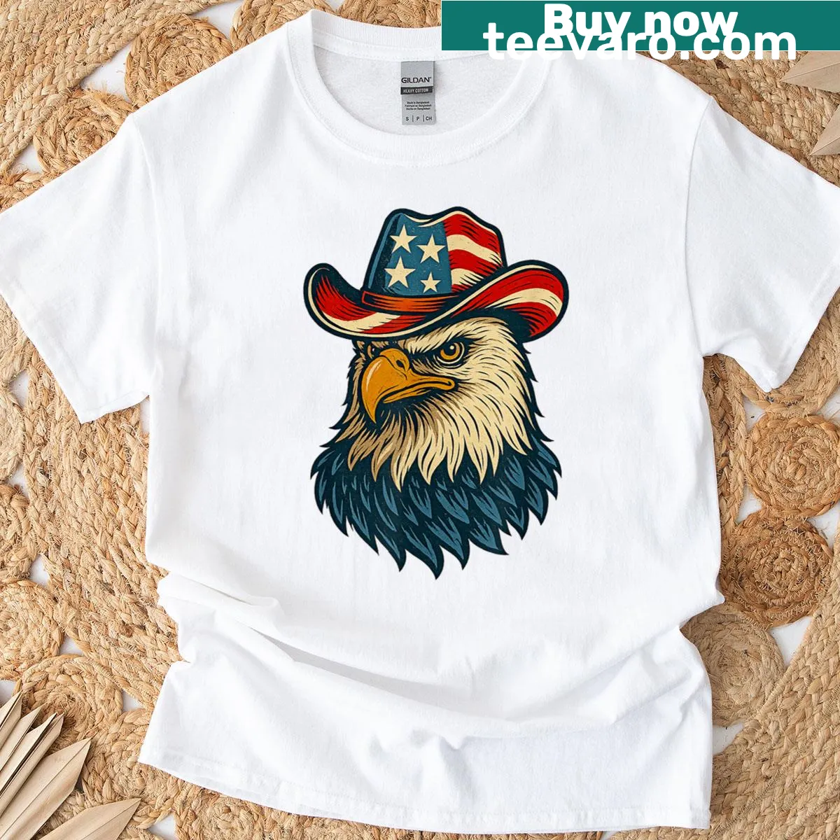 Eagle wearing a cowboy hat and American flag on a T-shirt — on a men's t-shirt