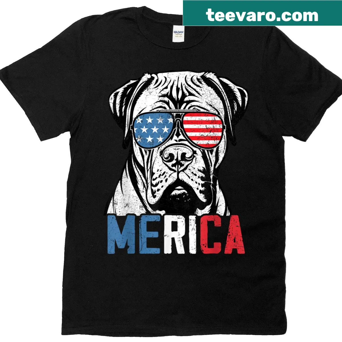 Funny Patriotic T-shirt with cartoon dog for Fourth of July. — on a men's t-shirt
