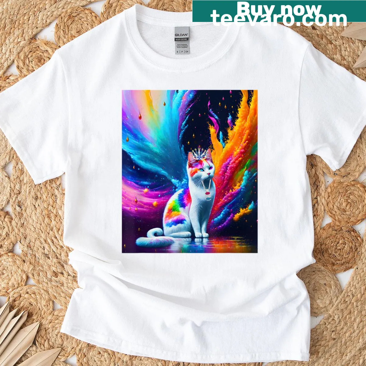 Illustration of a cat named Fannie with fireworks for July 4th — on a men's t-shirt