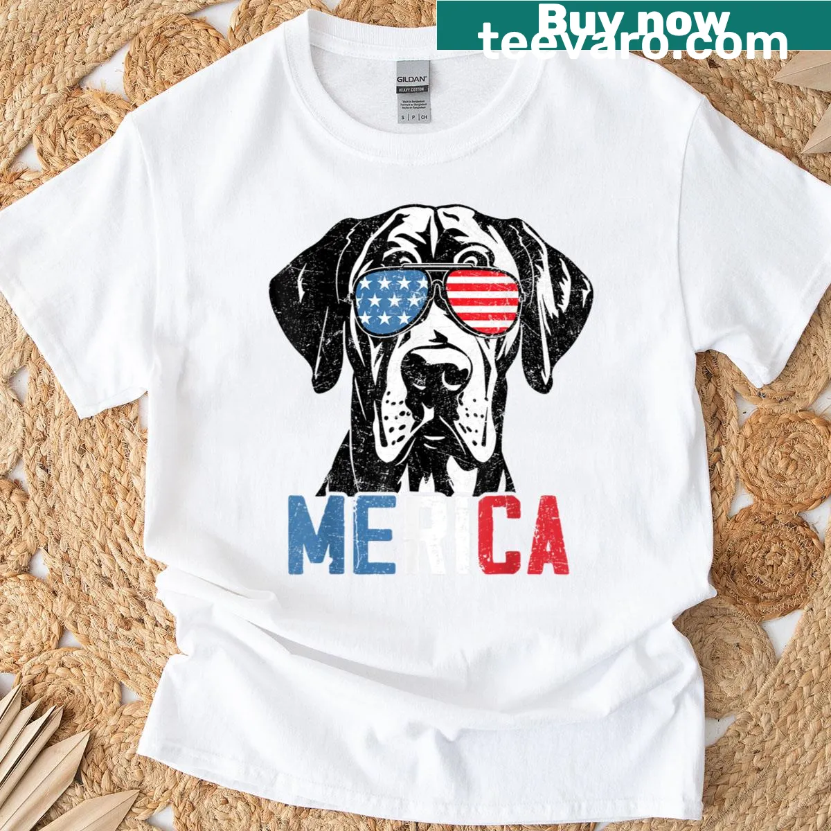Funny patriotic t-shirt featuring a Great Dane dog for July 4th — on a men's t-shirt