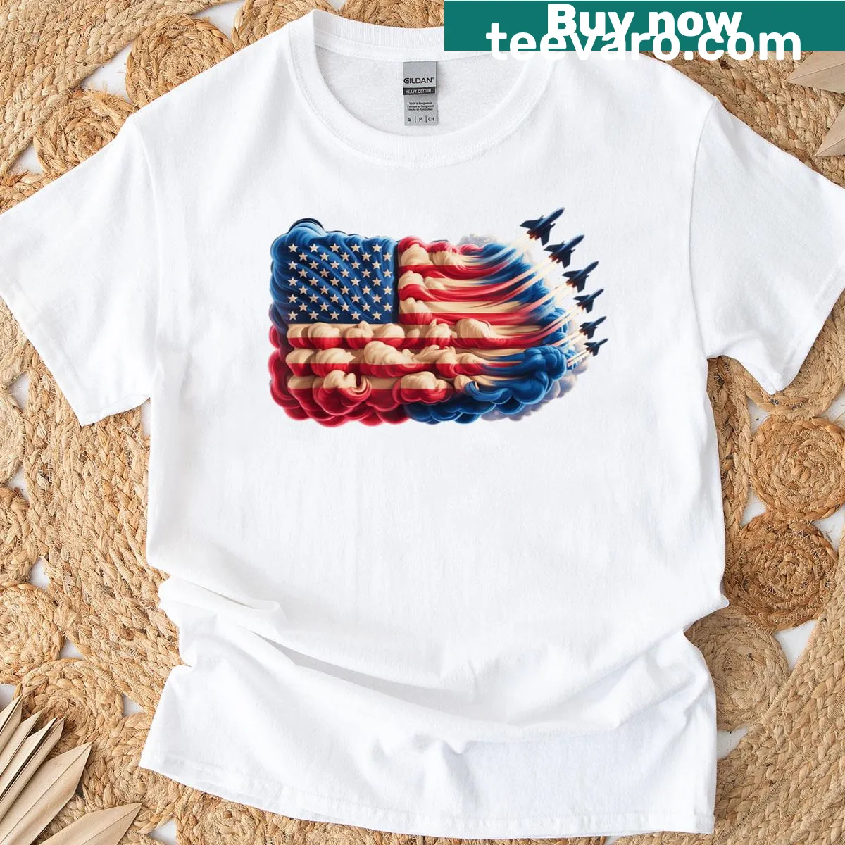 Patriotic t-shirt featuring fighter jets and the USA flag — on a men's t-shirt